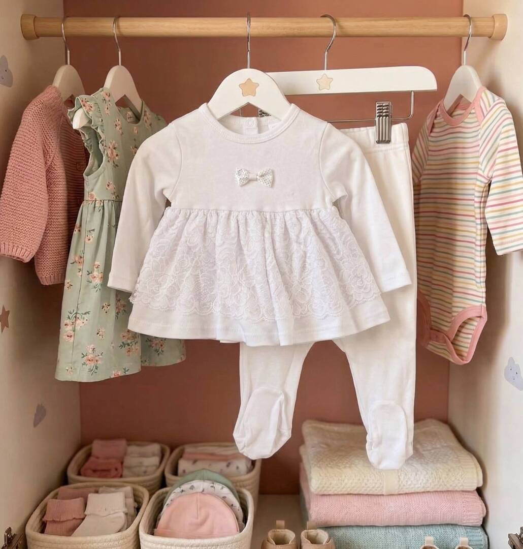 Бебешки комплект от две части в бяло с дантелена рокля и панделка, висящ в бебешки гардероб