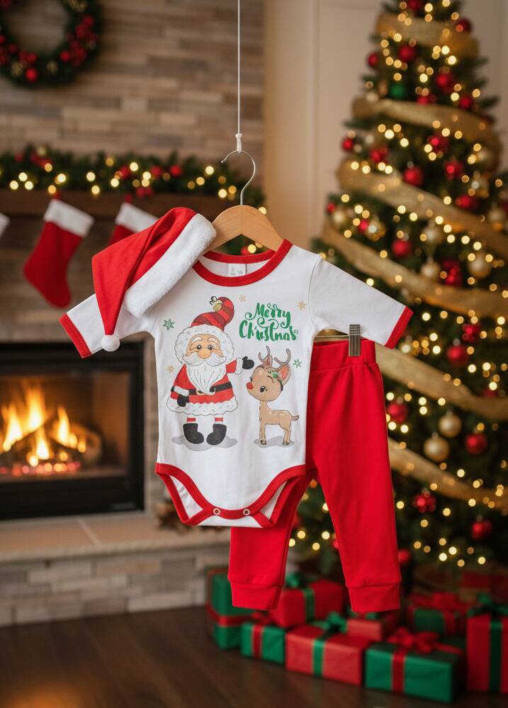 Коледен комплект от 3 части с бяло боди за бебе