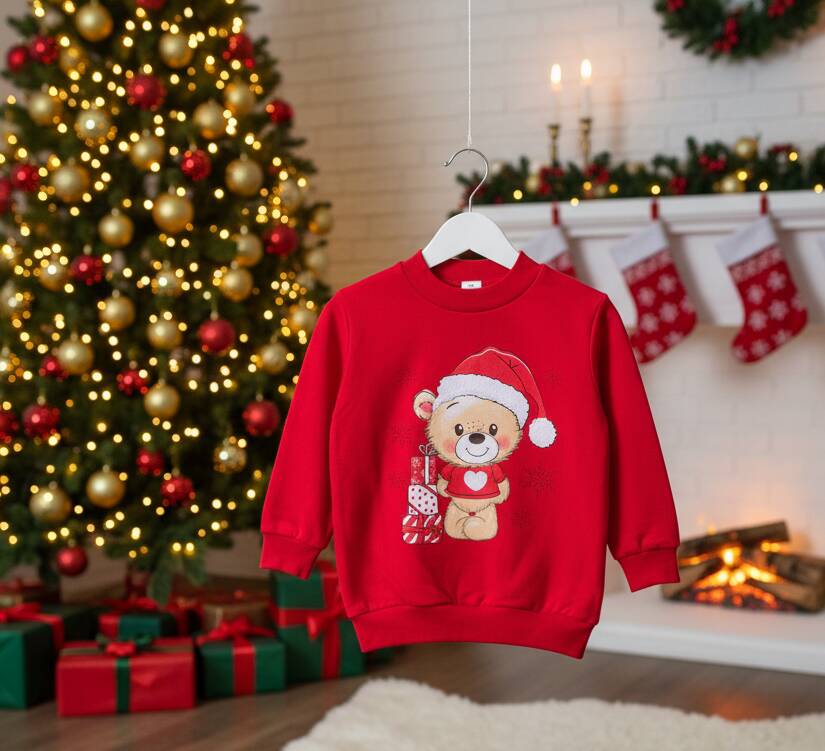 Памучна коледна блуза в червено с мече