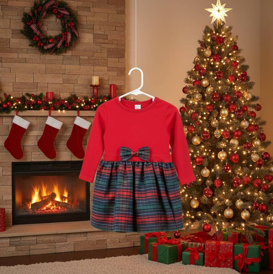 Коледна детска рокля в червено и каре с панделка
