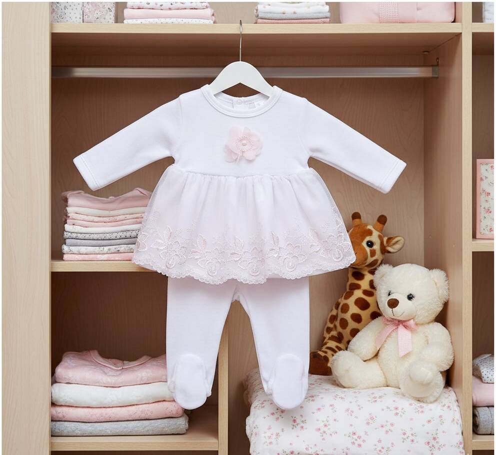 Официален бебешки комплект от бял плюш с дантелена пола и декоративно цвете за момиче