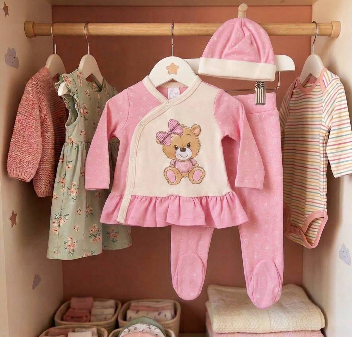 Бебешки розов комплект за момиче от три части – туника със странично закопчаване, ританки на сърца и шапка