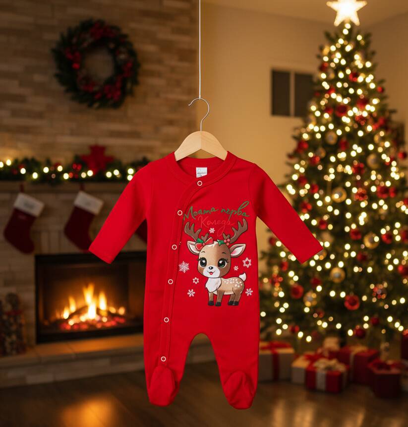 Червен коледен гащеризон за бебе "Моята Първа Коледа"