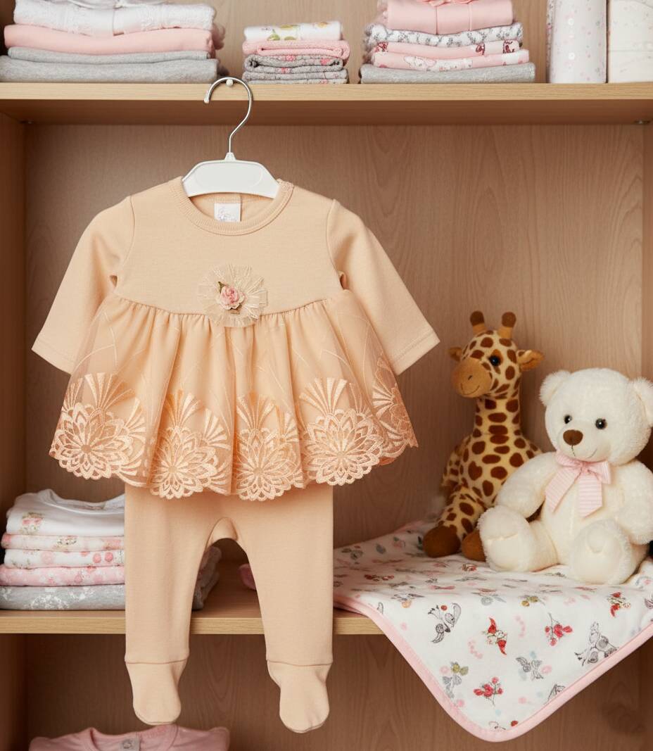 Бебешки официален комплект в прасковено с тюлена рокличка и дантелени детайли