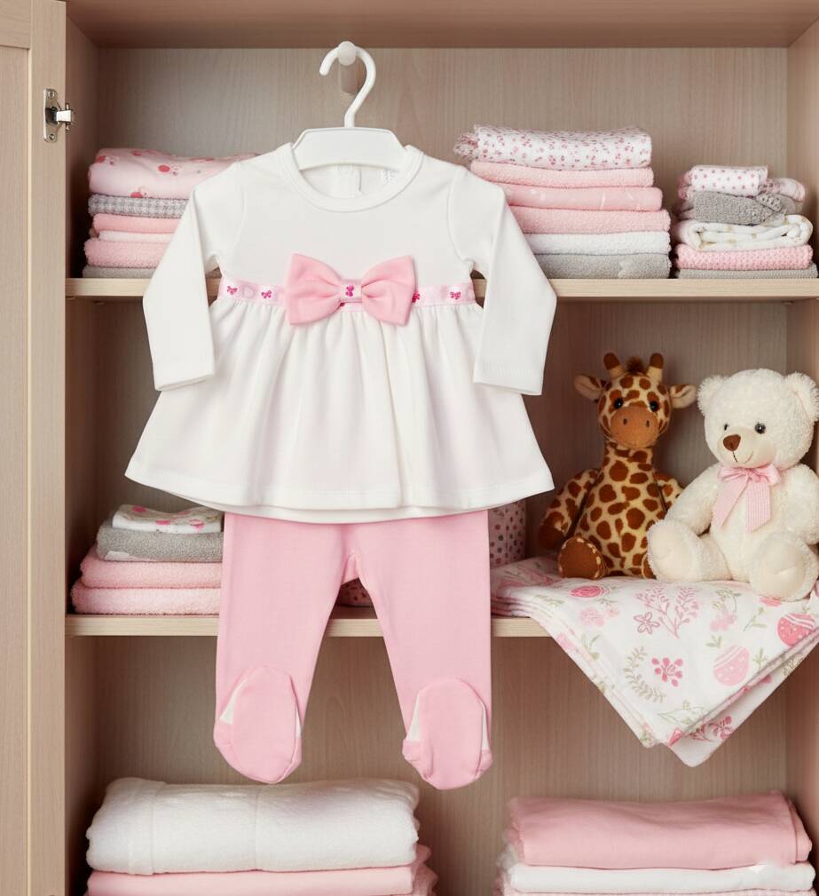 Бебешки комплект за момиче от бяла блуза с панделка и розови риташки, подредени в гардероб