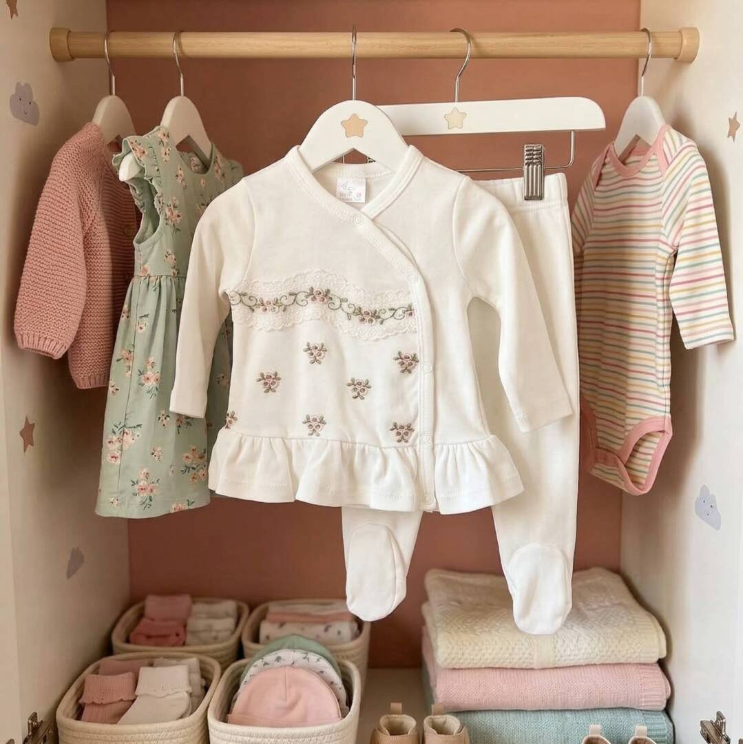 Официален бебешки комплект за момиче в екрю с флорална бродерия и дантела