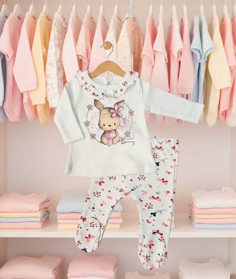 Памучен сет за бебе момиче със зайче и принт на пеперуди