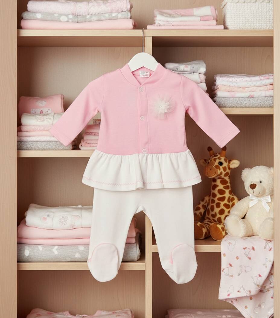 Памучен бебешки сет за момиче в бяло и розово