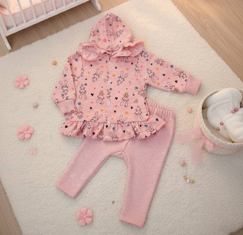 Розов бебешки комплект на зайчета с качулка и къдрички