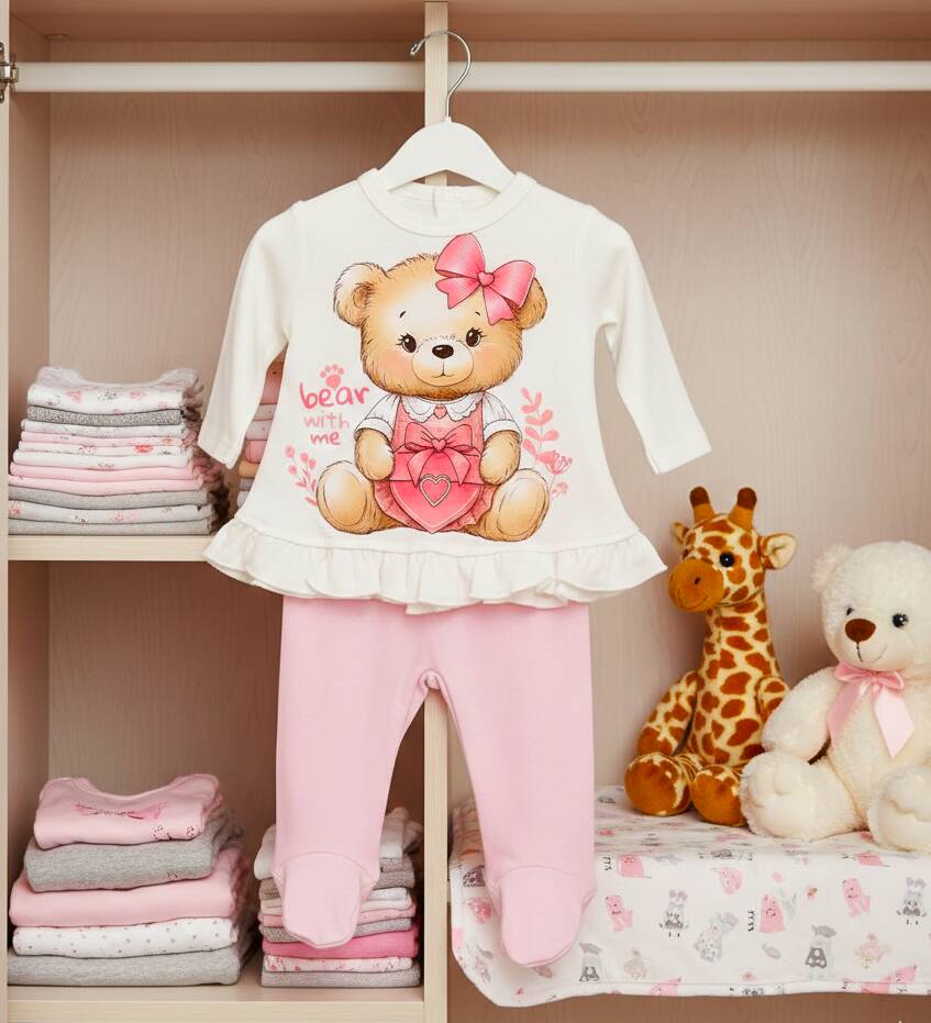 Памучен бебешки комплект за момиче от блузка с къдрици на раменете и розови панталонки с цели стъпала