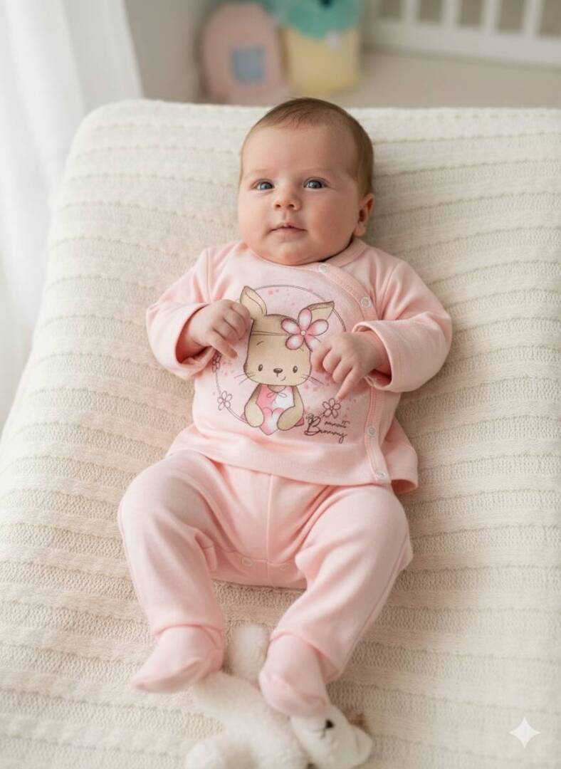 Бебешки памучен комплект от 2 части „Прегърни ме“ – Прасковена блузка със зайче и ританки - Image 2