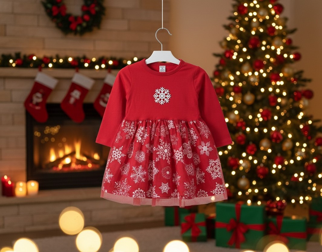 Червена детска коледна рокля със снежинки