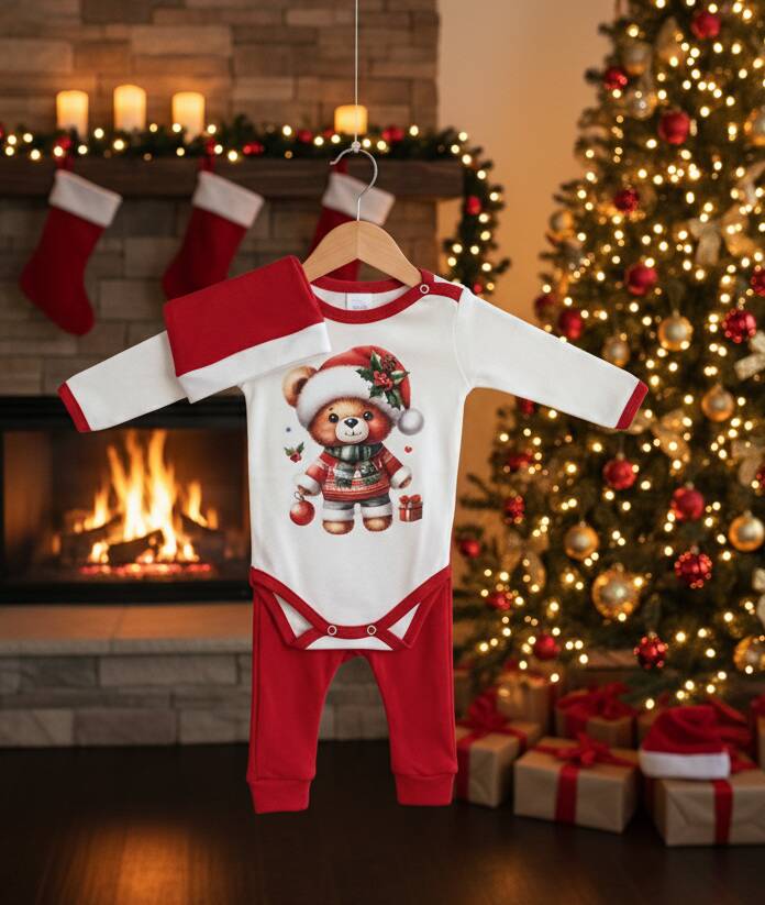 Коледен костюм за бебе с бяло боди