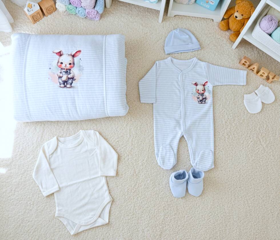 Син раиран комплект за изписване с гащеризон и зайче с порт-бебе и аксесоари