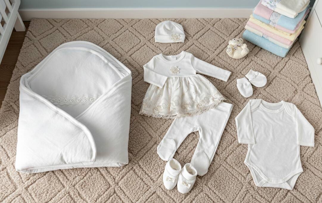 Бял луксозен комплект за изписване с порт-бебе дантелена рокля и аксесоари подредени на килим