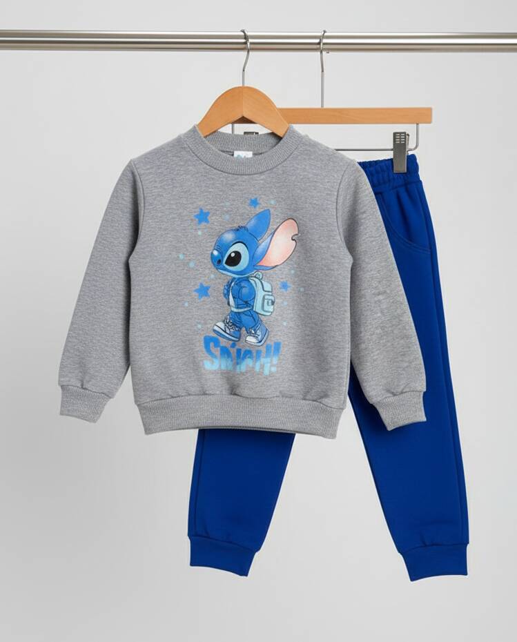 Български детски комплект Стич (Stitch) за момче – Сива блуза и синьо долнище